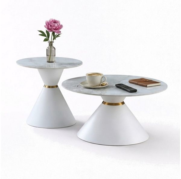 HOOZ Couchtisch Couchtisch rund 2er Set Keramik, Beistelltisch stapelbar 80/50 cm Weiß (Set, 2× Couchtisch), Keramik-Tischplatte, Marmor-Optik, pflegeleicht
