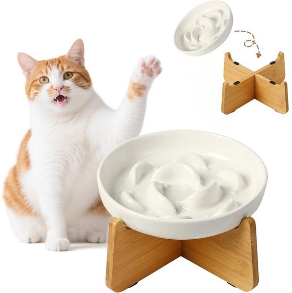 TUWENA Napf Keramik Anti Schling Napf Katze Erhöht, Slow Feeder Katze Nassfutter, Antischlingnapf für Katzen und Hunde, Holzsockel, Einfach zu Reinigen