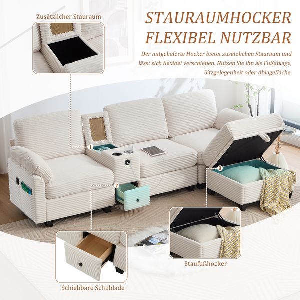 LVHOM 3-Sitzer Sofa mit Hocker, L-Form Ecksofa mit Stauraum, USB-C-Anschluss und 2 Getränkehaltern, modulares Sofa, Beige Bild 3