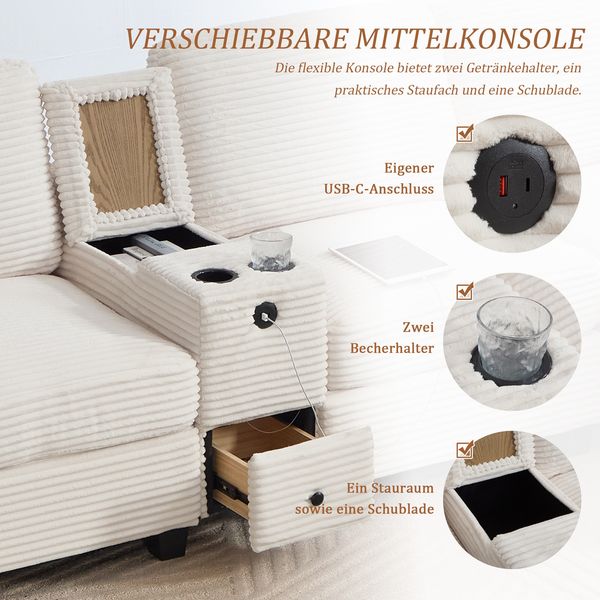 LVHOM 3-Sitzer Sofa mit Hocker, L-Form Ecksofa mit Stauraum, USB-C-Anschluss und 2 Getränkehaltern, modulares Sofa, Beige Bild 5