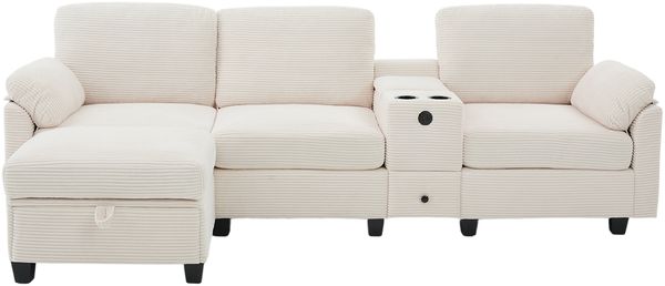 LVHOM 3-Sitzer Sofa mit Hocker, L-Form Ecksofa mit Stauraum, USB-C-Anschluss und 2 Getränkehaltern, modulares Sofa, Beige Bild 2