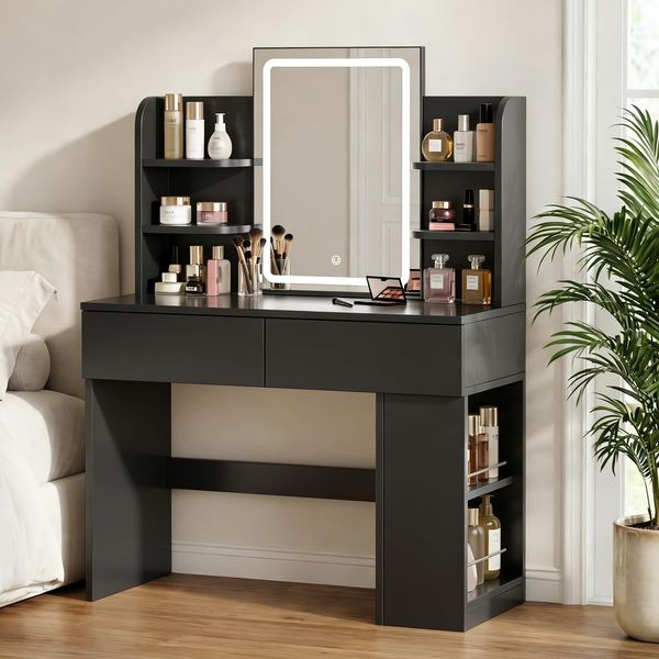 JUMMICO Schminktisch mit Spiegel und Beleuchtung, 3-farbige LED-Beleuchtung, 2 Schubladen, seitlicher Aufbewahrungsschrank, Schwarz, 135 x 90 x 40 cm
