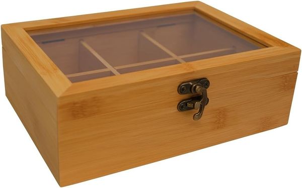 hausleben Teebox Tee Organizer,Aufbewahrungsbox,kompakte Teedose für Küche, 21x16x7,5cm, (Packung, 1-tlg, 6 Fächer für Teebeutel), aus Bambus mit transparentem Deckel