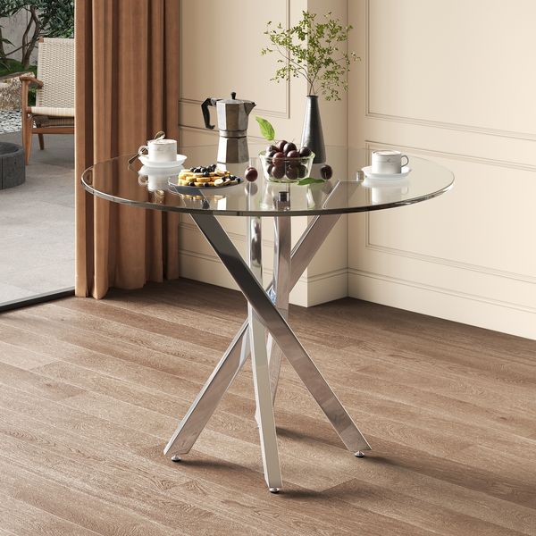 Runder Esstisch 80 x 80 x 75 cm mit gehärteter Glasplatte und Metallgestell in Silber