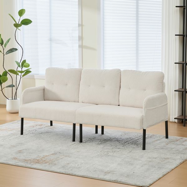 3-Sitzer Sofa aus Cord mit Seitentasche, 171 x 72 x 80 cm, Beige