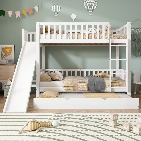 Etagenbett mit ausziehbarem Rollbett 90×200/90×190 cm – Kiefer & MDF, mit Rutsche, 4-stufige Leiter und Fallschutz, Weiß