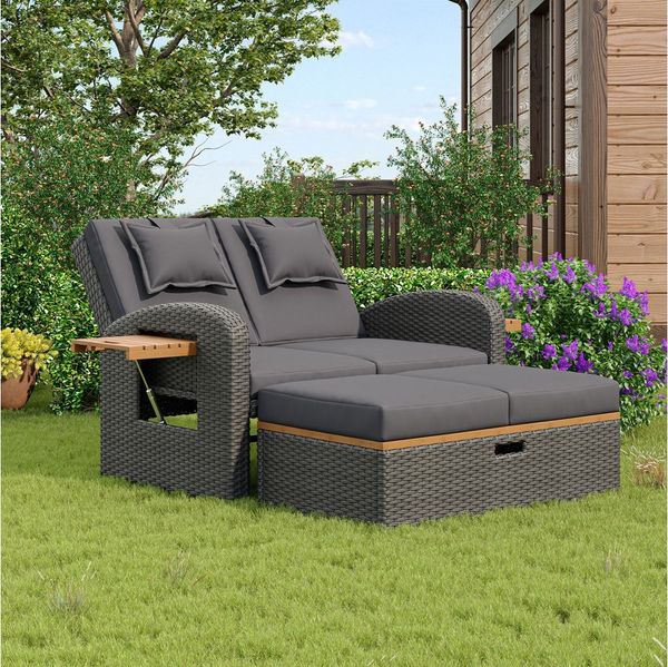 Celya Gartenlounge-Set Gartenlounge-Set, Rattan outdoor liege für zwei, Gartenliege klappbar, (Sonnenliege Doppelliege 2 Personen Klapptisch, Gartenliege mit seitlichem Regal, Individuell einstellbarer Winkel), mit Fußhocker oder als Outdoor-Bett nutzbar
