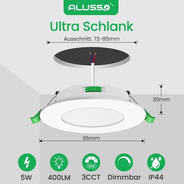 ALUSSO LED Einbaustrahler 6er-Set, Decken Leuchte, Flach Strahler für Bad, Wohnzimmer, 230V, 5W, 72-85 mm, Rund, Weiß