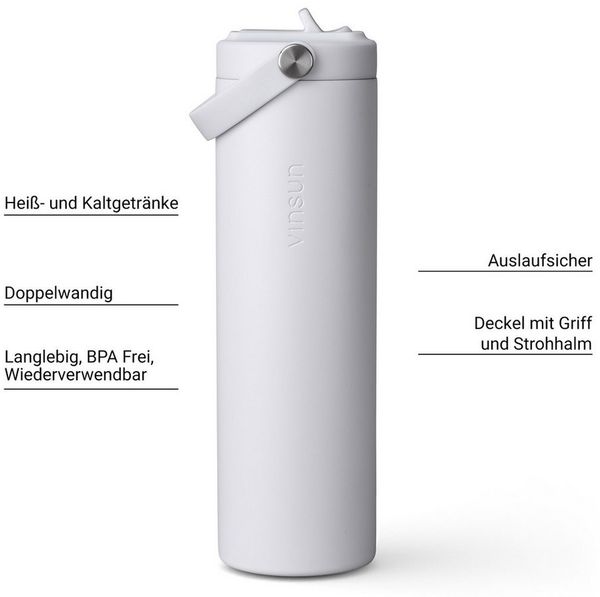 Vinsun Isolierflasche Thermoflasche 750ml mit Strohhalm - Sport Trinkflasche mit Tragegriff, Auslaufsicher, doppelwandig isoliert, geruchs- und geschmacksneutral
