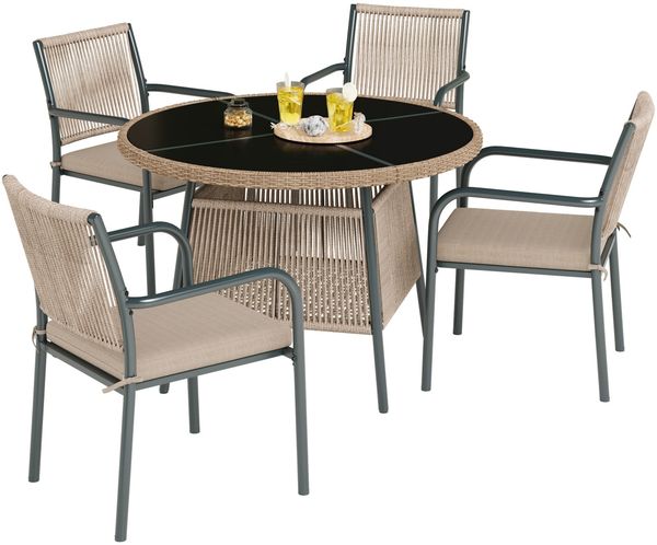 Modernes Gartenmöbel-Set aus Rattan , Runder Glastisch + 4 Armlehnstühle , Eisengestell , Geeignet für Terrasse/Balkon/Deck