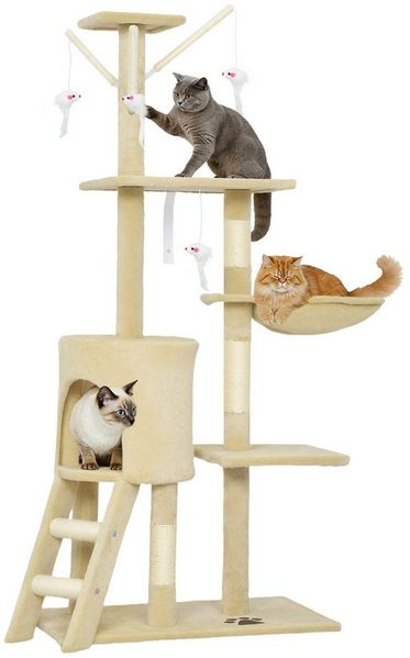 PawHut Kratzbaum mit Höhle, 4 Spielzeuge, für Katzen bis 5 kg, Beige
