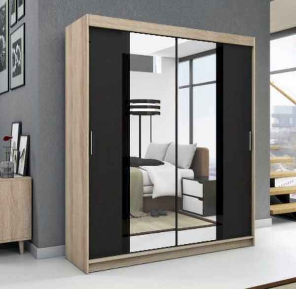 Schwebetürenschrank BRANI 2-türig Schrank 160 cm (mit Spiegel) Farbe: Sonoma , schwarz