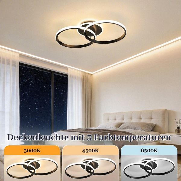 BlingBin LED Deckenleuchte 36W LED Deckenlampe Wohnzimmer 50cm 2-Ringe Design, aus Metall+Acryl, Speicherfunktion, LED fest integriert, Warmweiß, Neutralweiß, Kaltweiß, mit Speicherfunktion, für Schlafzimmer Esszimmer Flur Büro, Schwarz