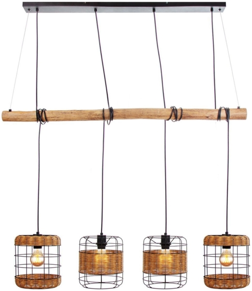Hängelampe, Metall, Holz, Grasgeflecht, 4 Flammig, H 150 cm