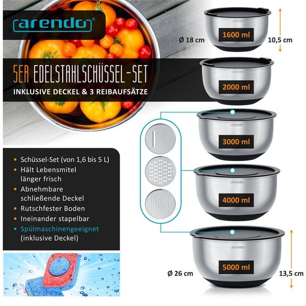 Arendo Salatschüssel 5er Set mit Deckel, Edelstahl Salatschüsseln 1,6 bis 5 L, Rührschüssel, Edelstahl, (Set, 5-tlg), Edelstahlschüssel, 3 Reibaufsätze spülmaschinengeeignet, BPA-frei