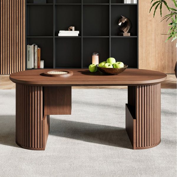 STILVORA Couchtisch mit integrierte Ablagefächer und Ablagefläche Sofatisch im Retro-Stil (Kaffeetisch im Retro-Stil mit vertikaler Textur, Ovale Form mit vertikaler Maserung), Abgerundete Ecken verhindern Stöße