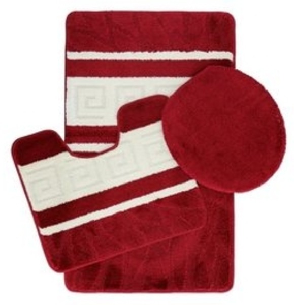 3-Teilig Bad Garnitur Badematte Badvorleger Wasser absobierend Große Streifenmuster rutschfest Rot Bild 6