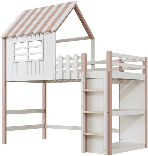 Merax Kinderbett 90x200 cm hoch und niedrig Bett für Jungen und Mädchen Heimbett Dachform mit Sicherheitsleiter mit Ablagefach Multifunktionsbett Massivholzbett mit Lattenrost Rosa Bild 5