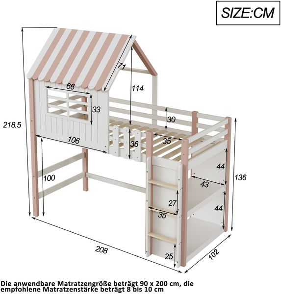 Merax Kinderbett 90x200 cm hoch und niedrig Bett für Jungen und Mädchen Heimbett Dachform mit Sicherheitsleiter mit Ablagefach Multifunktionsbett Massivholzbett mit Lattenrost Rosa Bild 6
