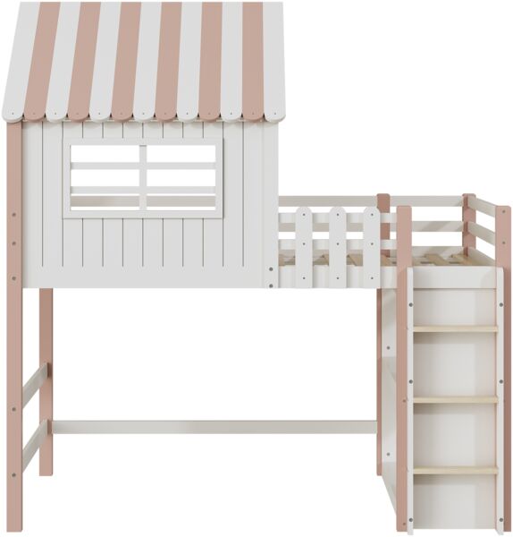 Merax Kinderbett 90x200 cm hoch und niedrig Bett für Jungen und Mädchen Heimbett Dachform mit Sicherheitsleiter mit Ablagefach Multifunktionsbett Massivholzbett mit Lattenrost Rosa Bild 10