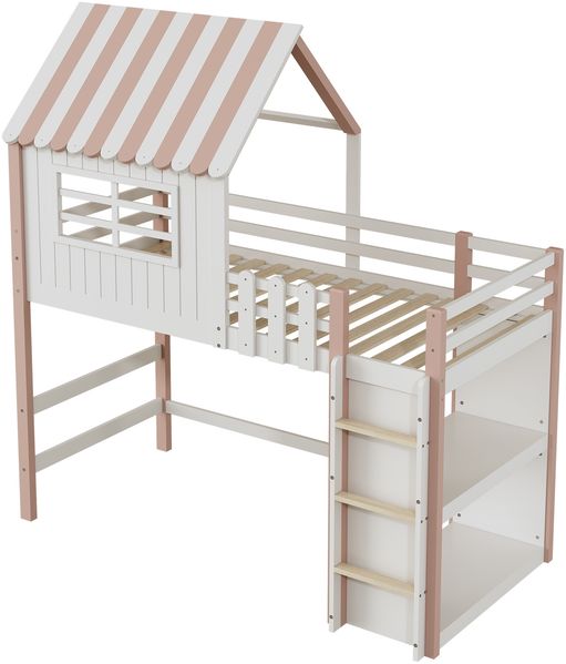 Merax Kinderbett 90x200 cm hoch und niedrig Bett für Jungen und Mädchen Heimbett Dachform mit Sicherheitsleiter mit Ablagefach Multifunktionsbett Massivholzbett mit Lattenrost Rosa Bild 4
