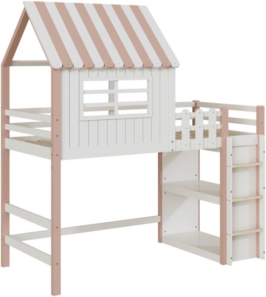 Merax Kinderbett 90x200 cm hoch und niedrig Bett für Jungen und Mädchen Heimbett Dachform mit Sicherheitsleiter mit Ablagefach Multifunktionsbett Massivholzbett mit Lattenrost Rosa Bild 9
