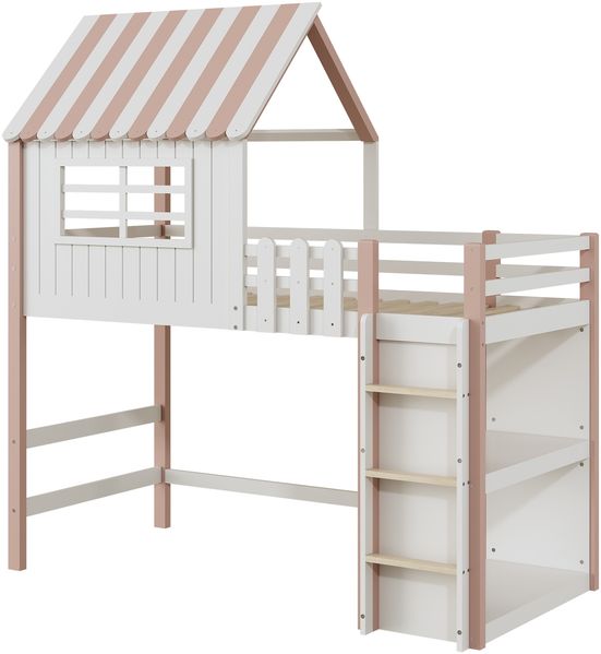Merax Kinderbett 90x200 cm hoch und niedrig Bett für Jungen und Mädchen Heimbett Dachform mit Sicherheitsleiter mit Ablagefach Multifunktionsbett Massivholzbett mit Lattenrost Rosa Bild 7