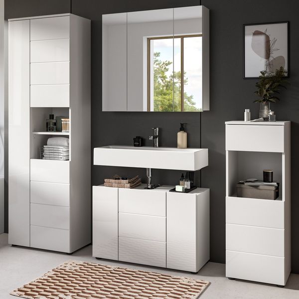 Inn. Furn Badmöbel-Set Larik, (Badezimmer in weiß Hochglanz, 4-teilig, 210 x 190 cm), mit großem Hochschrank für viel Stauraum