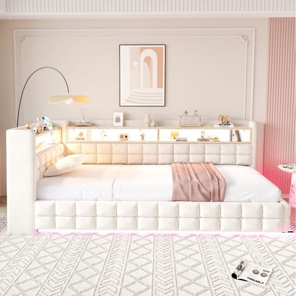 Merax Daybett mit LED-Beleuchtung und USB-Ladeanschlüssen (Jugendbett Kinderbett Einzelbett Sofabett aus Samtstoff, 1 tlg), Polsterbett Tagesbett 90x200cm mit hydraulischem Stauraum & Staufächer