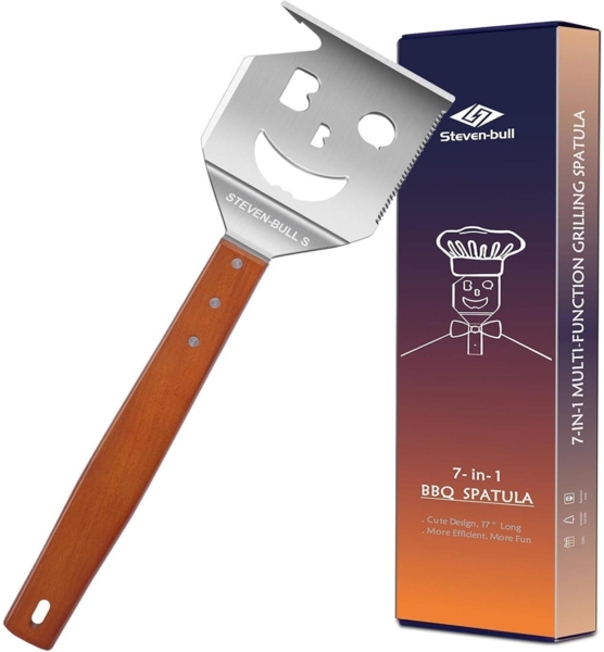 Steven-bull 7-in-1 Grillspachtel, Edelstahl silber / Holzgriff, 43 cm