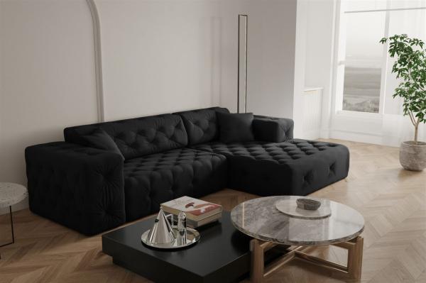 Ecksofa Designersofa CHANTAL in Stoff Opera Velvet Schwarz Ottomane Rechts