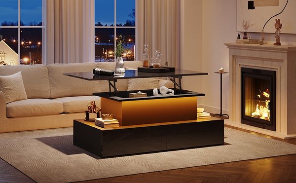 MODFU Couchtisch mit Stauraum (Satztisch, Wohnzimmertisch, Beistelltisch, 1-St, 4 Schubladen, 1 versteckten Stauraum), Hochglanz-Couchtisch mit LED-Beleuchtung