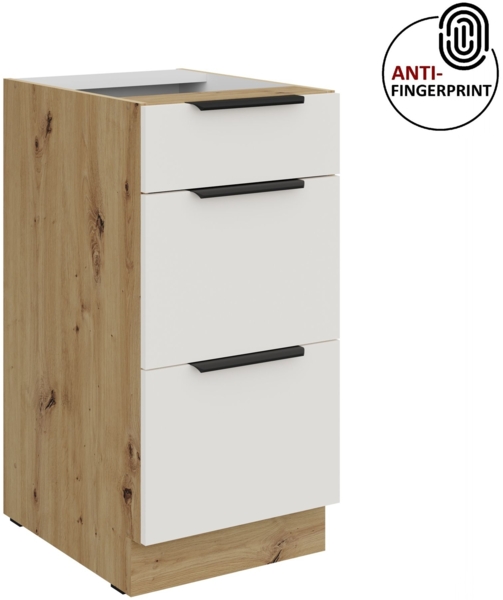 Küchen Unterschrank 40 cm Küche ARIA Weiss ultra matt + Eiche Artisan matt, hochwertige Fronten mit Anti Fingerprint Beschichtung, Soft-Close Küchenzeile Küchenblock