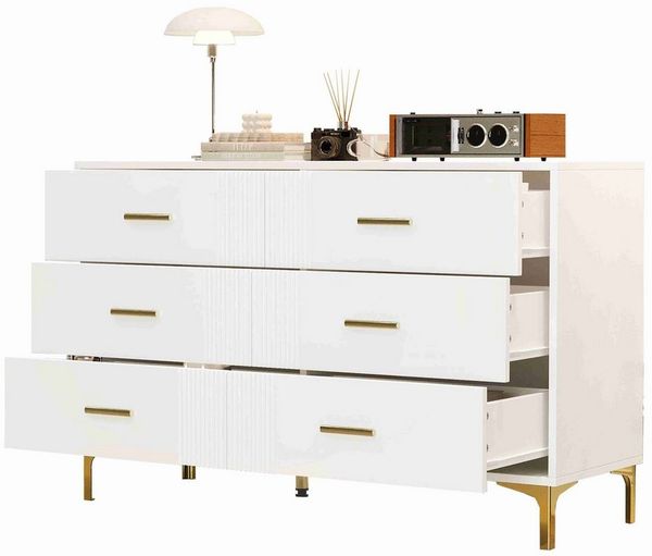 BlingBin Kommode (1 St, Mit 6 Schubladen, Goldene Griffe und goldene Füße), Vertikales Streifendesign, H76/B120/T40 cm, Weiß, MDF