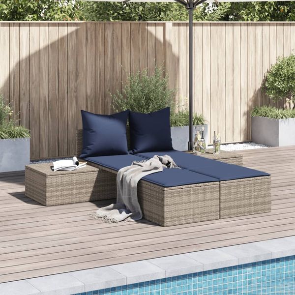 vidaXL Doppel-Sonnenliege mit Kissen Grau Poly Rattan 368396