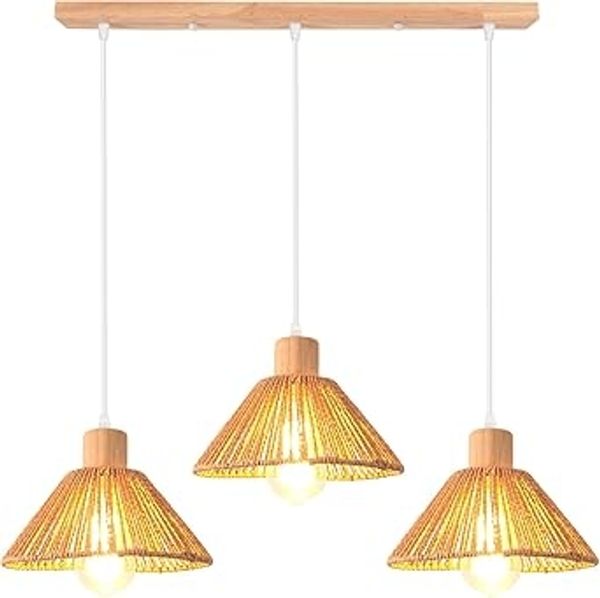 iDEGU 3 Vintage-Pendelleuchte — Rattan , Holz, 22 cm Deckenleuchte, geflochtene Hangelampe im Bohemian-Stil, Vintage-Lampenfassung (E27) — Geeignet fur Esszimmer, Wohnzimmer, Küchen , Bars (Braun) [Energieeffizienzklasse A]