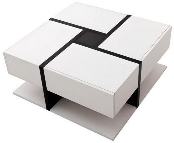 Odikalo Couchtisch Teetisch Kaffeetisch Hochglanz 4 Schubladen Liniendesign Weiss/Natur