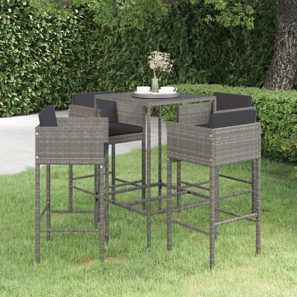 vidaXL 5-tlg. Gartenbar-Set mit Kissen Poly Rattan Grau 3094791