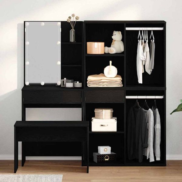 vidaXL Schminktischset mit LED mit Regal 4 pcs Schwarz Eichen-Optik 3333068