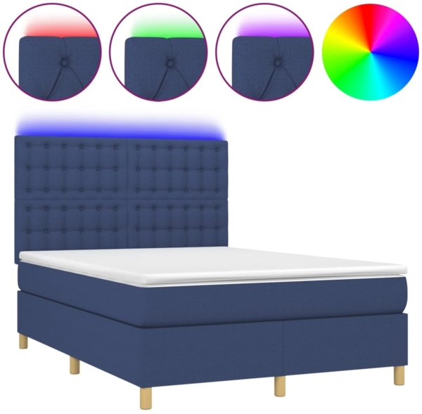 vidaXL Boxspringbett mit Matratze & LED Blau 140x190 cm Stoff 3135755