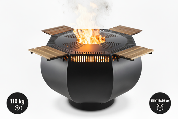 WOX Feuerschale mit Grillring & Plancha – Feuerstelle Schwarz, 115 × 115 × 80 cm, 110 kg