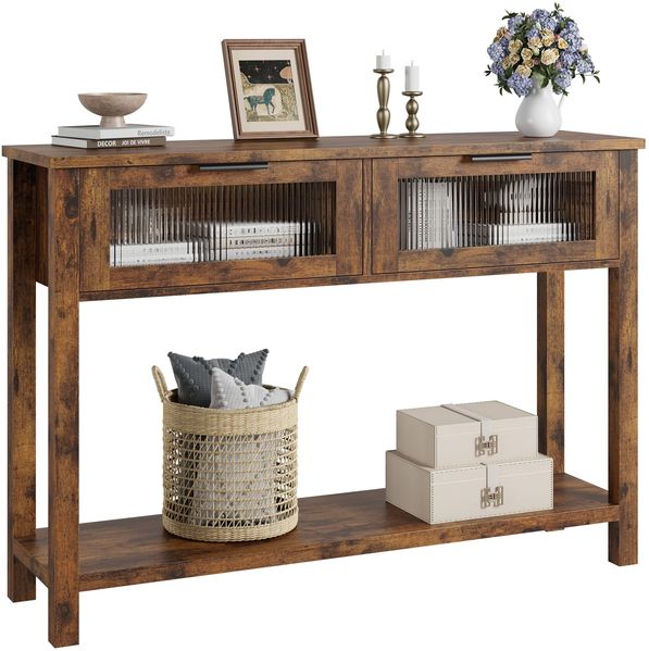 GarveeHome Konsolentisch, Beistelltisch, Schmaler Sofatisch mit 2 Schubladen und Einer Ablage für Flur, Wohnzimmer, Landhausstil, 100 x 30 x 80 cm, Vintage
