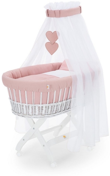 FabiMax Stubenwagen Weiß lackiert, 2 in 1 Musselin / Waffelpiqué Komplettset Rosa mit Decke und Kissen