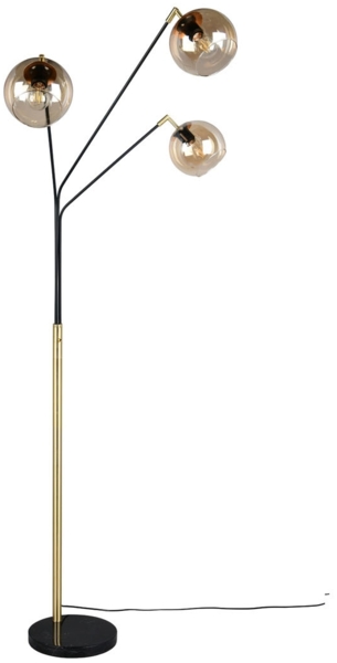 LED Stehlampe 3flammig Schwarz Gold, Kugel Glasschirme Amber, 200cm groß Bild 2