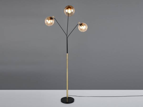 LED Stehlampe 3flammig Schwarz Gold, Kugel Glasschirme Amber, 200cm groß Bild 6