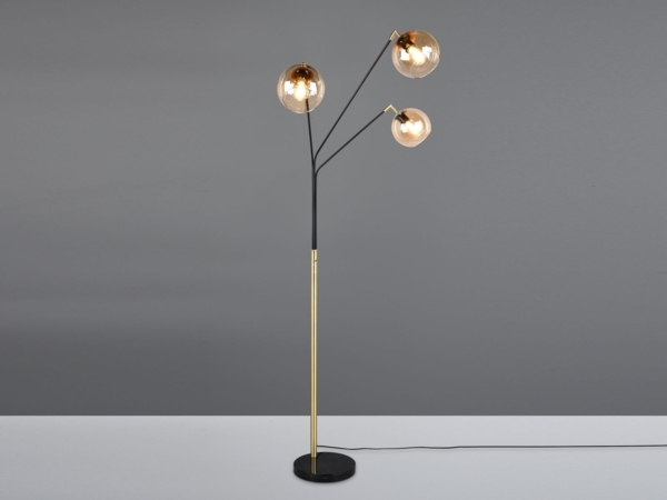 LED Stehlampe 3flammig Schwarz Gold, Kugel Glasschirme Amber, 200cm groß Bild 3