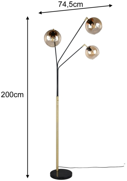 LED Stehlampe 3flammig Schwarz Gold, Kugel Glasschirme Amber, 200cm groß Bild 4