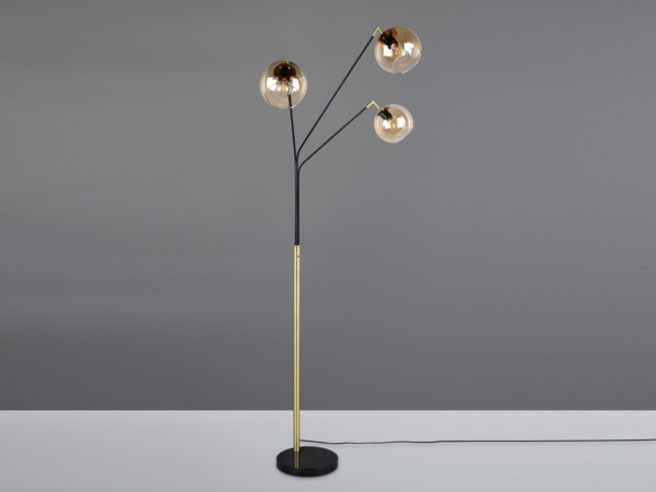 LED Stehlampe 3flammig Schwarz Gold, Kugel Glasschirme Amber, 200cm groß Bild 7