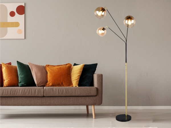 LED Stehlampe 3flammig Schwarz Gold, Kugel Glasschirme Amber, 200cm groß Bild 1