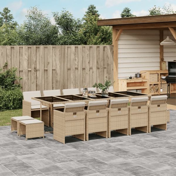 vidaXL 15-tlg. Garten-Essgruppe mit Kissen Beige Poly Rattan 3277761
